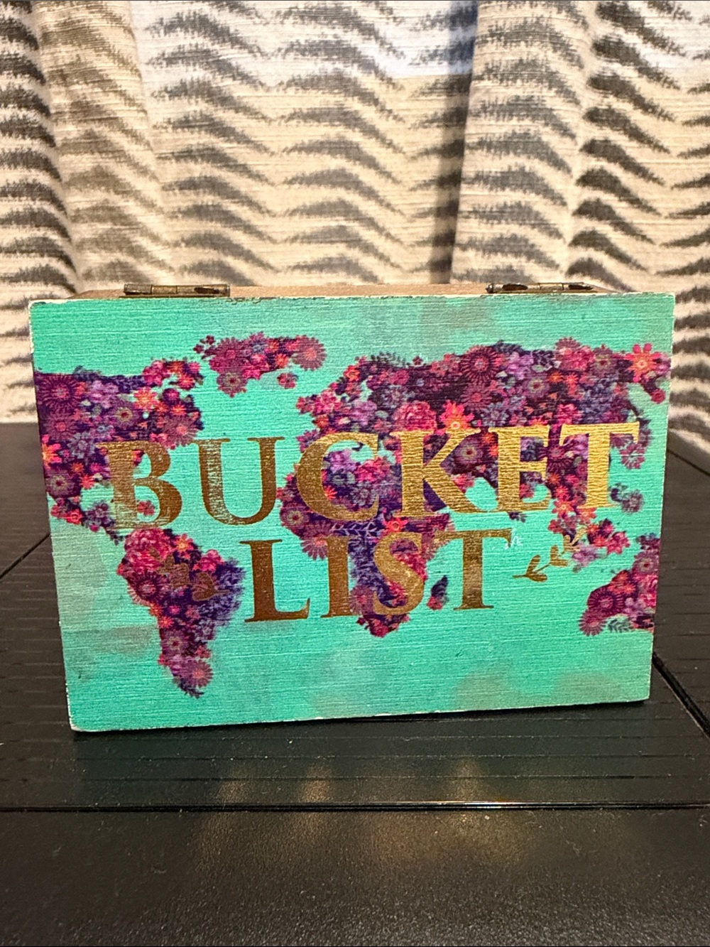 Francesca's Collections Teal Box with Purple Floral World Map and Gold Lettering